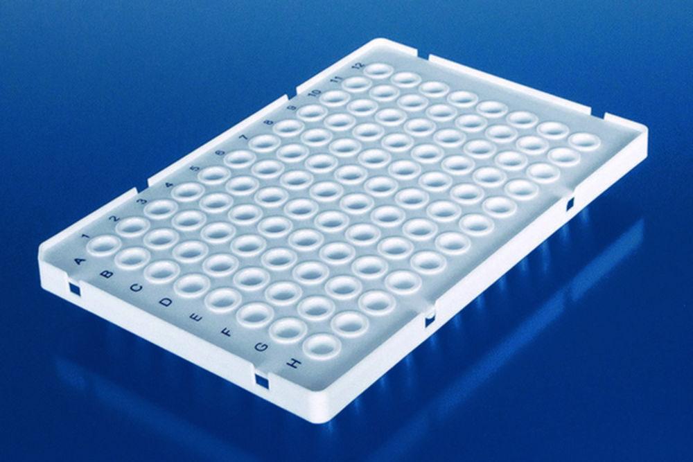 BRAND PCR Plates 96-Well Half Frame, Low Profile, Raised Frame, Clear, Blue Coding, Pack of 50