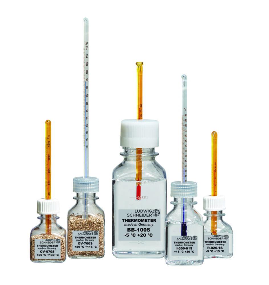 Ludwig Schneider Bottle Thermo Scientificmeter R-200-01S, -2...+10:0.1°C with Blue Filling, Length 230mm, for Freezers including DAkkS Calibration with 2 Test Points