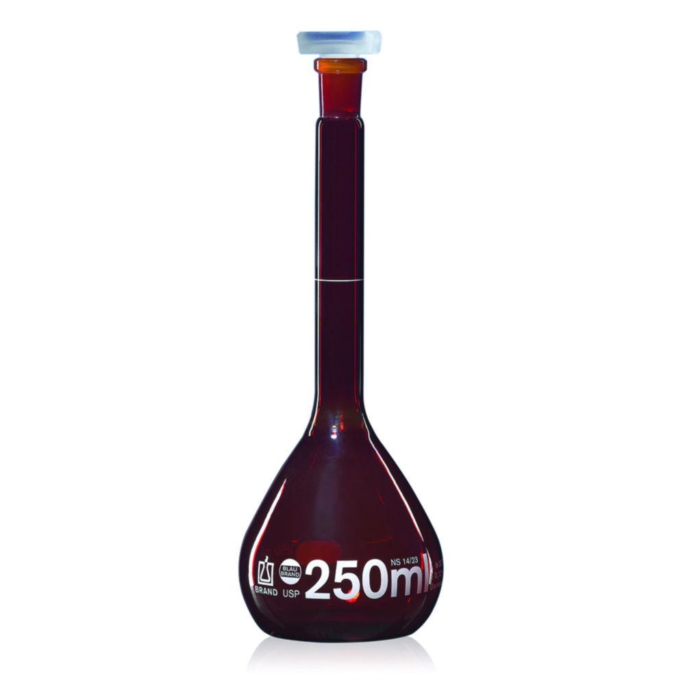 BRAND Volumetric Flask, USP BLAUBRAND Class A DE-M, Amber, 25 ml, NS 10/19, Boro 3.3, with PP Stopper, USP Individual Certificate

