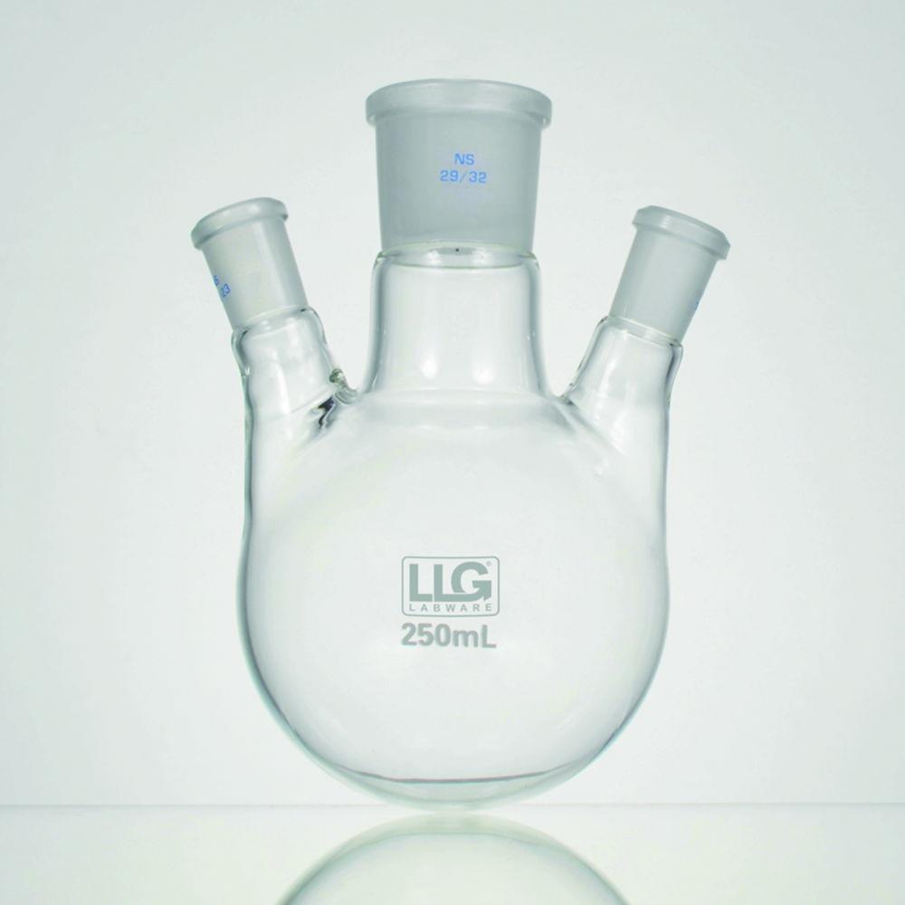 LLG Three Neck Round Bottom Flask, 500 mL, Side Necks 20°, CN NS 29/32, SN x 2 NS 14/23, Boro 3.3