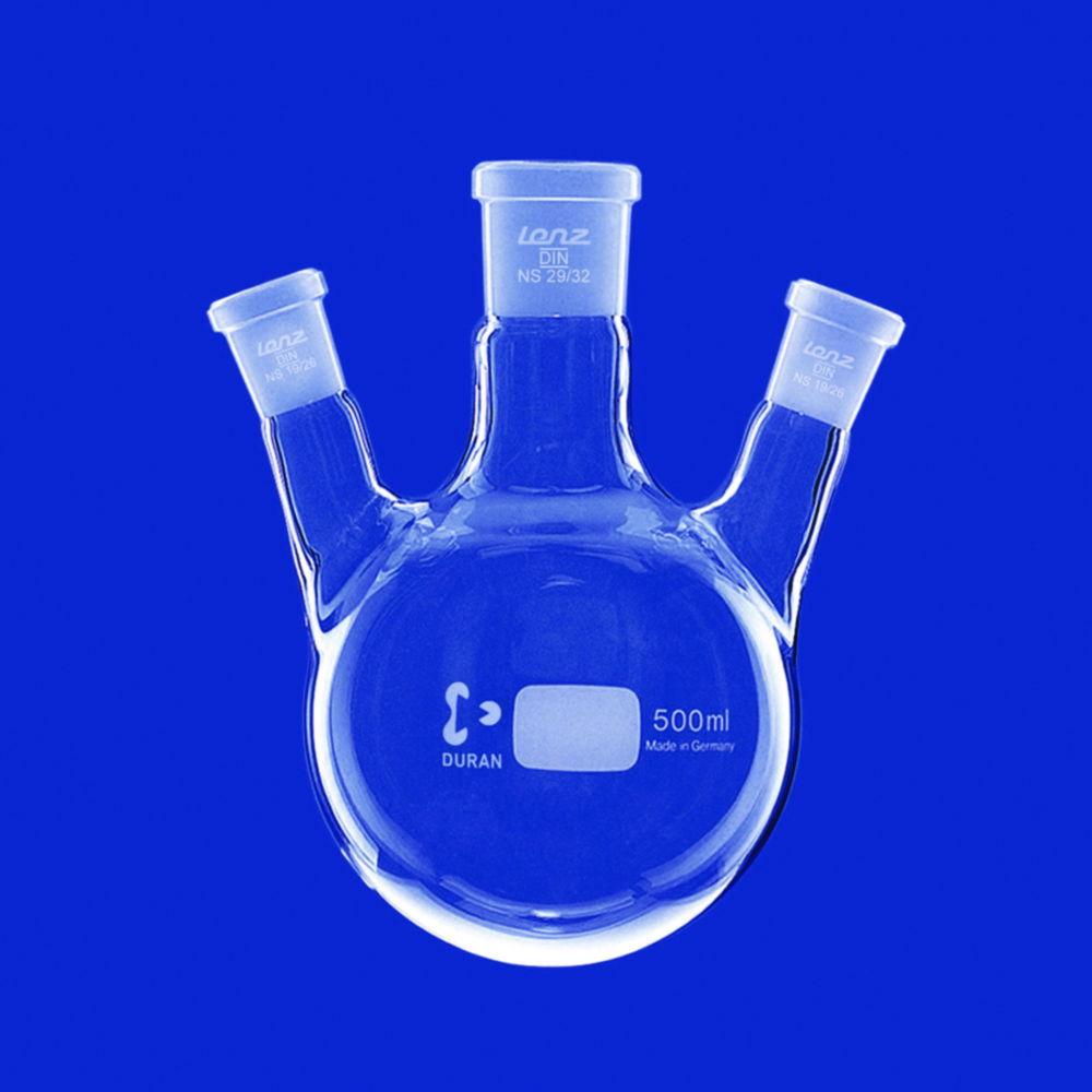 Lenz-Laborglas Round-bottom Flasks, Three-neck, Side Necks Angled, Center Neck NS 45/40, Side Neck NS 29/32, Cap. 5000 ml

