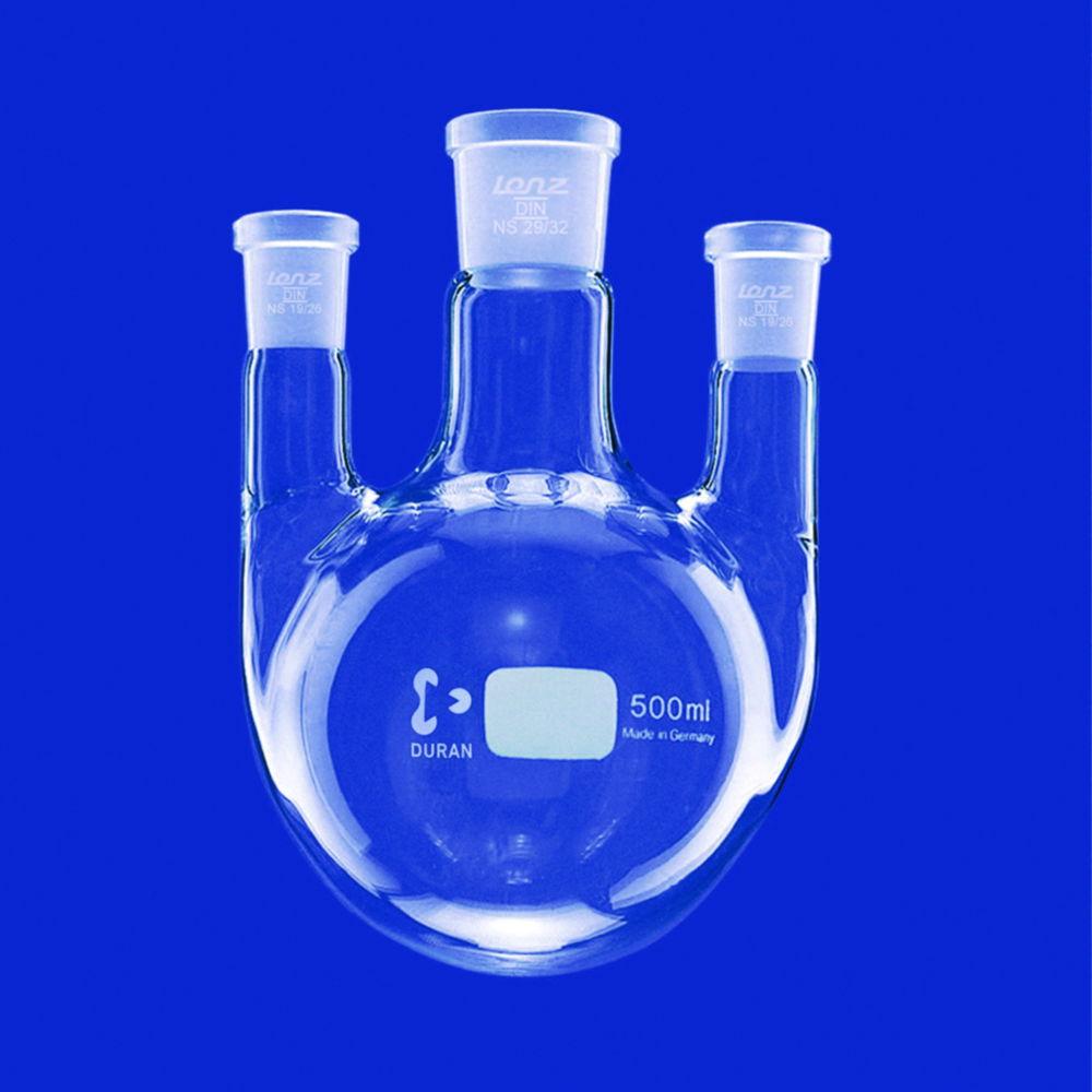 Lenz-Laborglas Round-bottom Flasks, Three-neck, Side Necks Parallel, C. Neck NS 45/40 Side Neck NS 29/32 Cap. ml 1000

