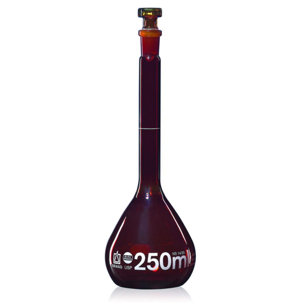 BRAND Amber Volumetric Flask, USP, BLAUBRAND, Class A, DE-M, 25 ml, NS 10/19, Boro 3.3, with Glass Stopper, USP Individual Certificate

