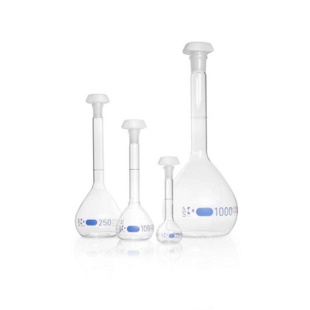 DWK Duran Volumetric Flask 50 ml, Class A, Blue Graduation, USP Conformity, Polyethylene Stopper