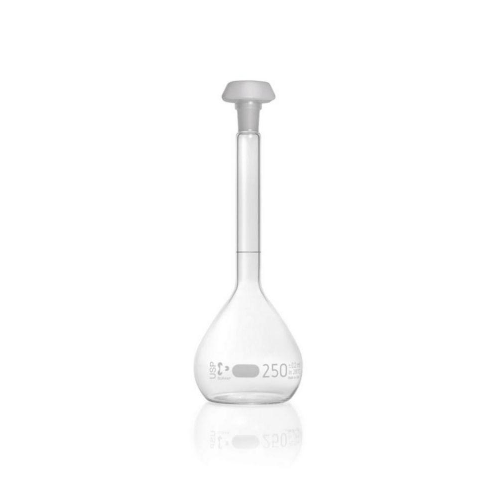 DWK Duran Volumetric Flask 250 ml, Class A Blue Graduation, USP Conformity, Individual Certificate, Polyethylene Stopper, NS 14/23