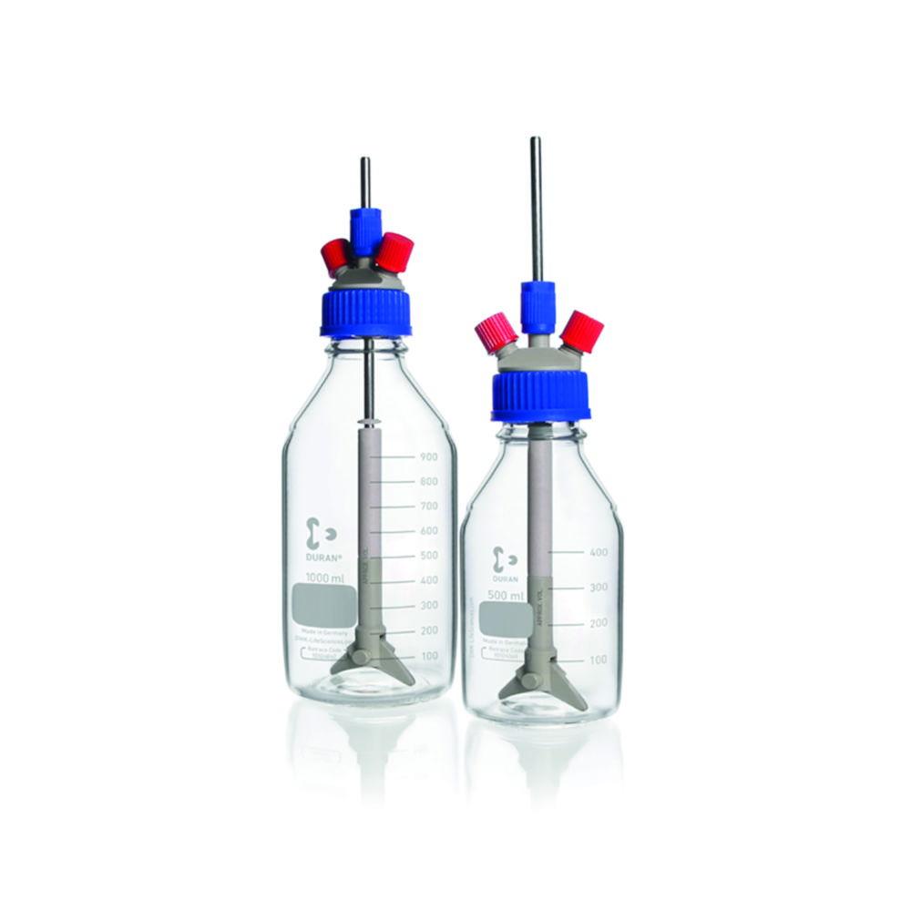 DWK Duran Stirred Reactor Set GL 45, 500ml Bottle, Folding Magnetic Stirrer, PP, 2-Port Screwing, 2 PBT Caps GL 14, Red