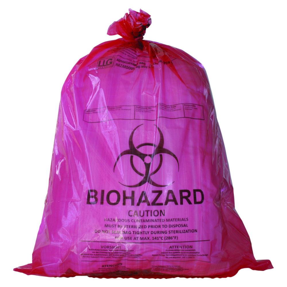 LLG Autoclavable Bags 500x600mm PP Red 50µm with Biohazard Printing and Sterilization Indicator, Pack of 200