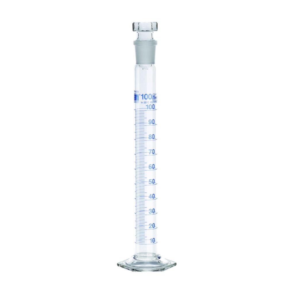 Hirschmann Mixing Cylinder 50 ml, Cl. A KB, Ring Section, Glass Stopper Duran, Blue Graduated