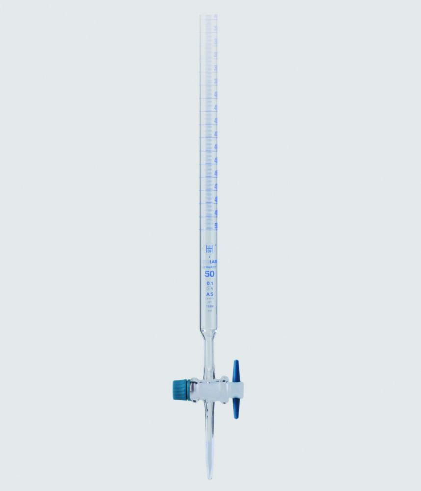 ISOLAB Burette 10:0.02 mL Glass Class AS with PTFE Stopcock Blue Scale Batch Certified