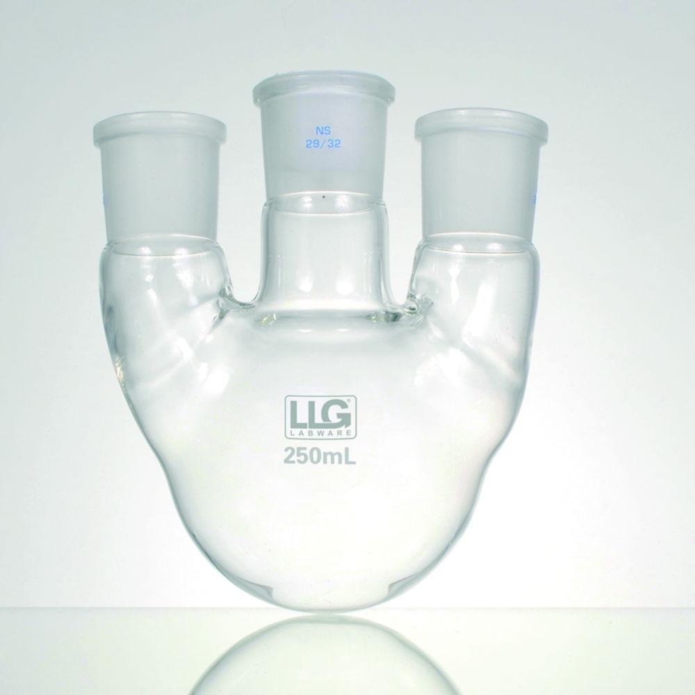 LLG Three Neck Round Bottom Flask, 250 mL, Parallel Side Necks, CN NS 29/32, SN 2x NS 14/23, Parallel, Boro 3.3
