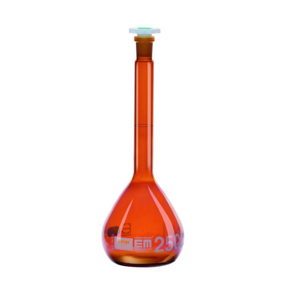 Hirschmann Volumetric Flask 100ml, Cl.A, Amber, DURAN NS 12/21, PE Stopper, White Graduation