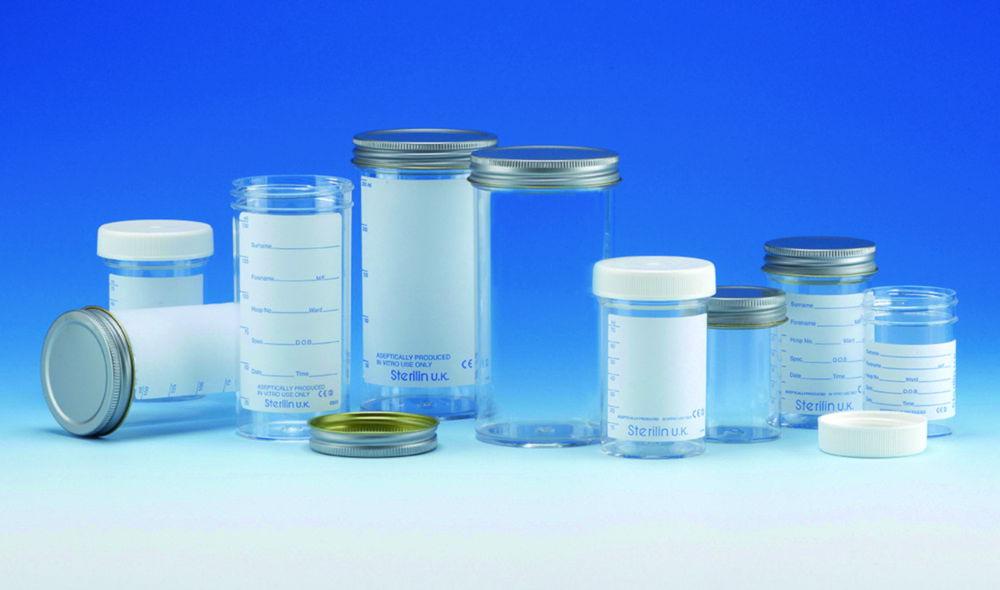 Sample containers 250 ml, PS with metal cap, no label, sterile AS, pack of 50