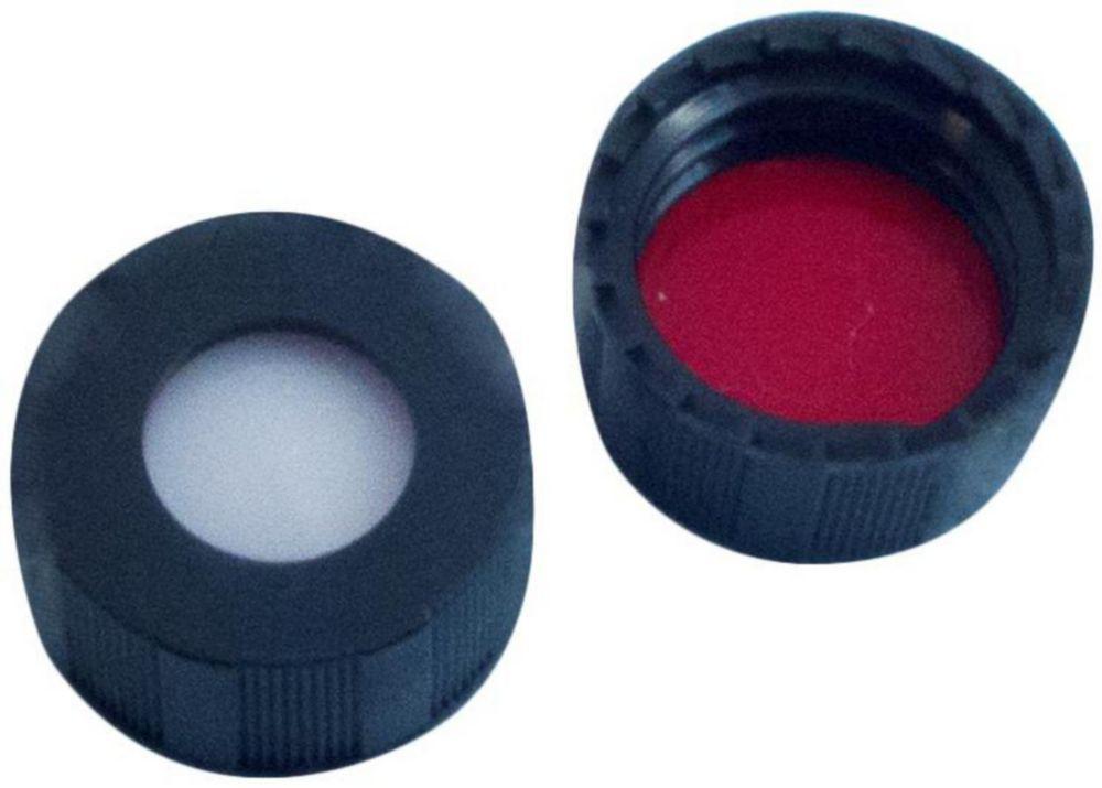 LLG Screw Caps N 9, Polypropylene Black with Center Hole, Silicone White/PTFE Red Septa, Hardness 55° Shore A, Thickness 1.0 mm, Pack of 100