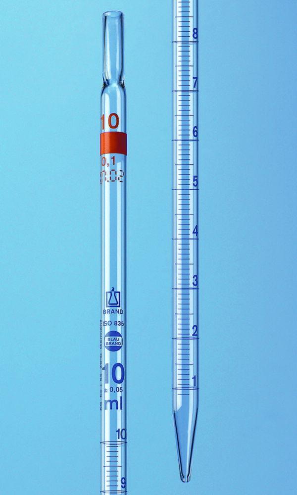 BRAND Measuring Pipettes Cap. 10 ml:0.1 ml BLAUBRAND, Class AS, Absolute Drain, AR Glass, Blau Graduation, Pack of 12