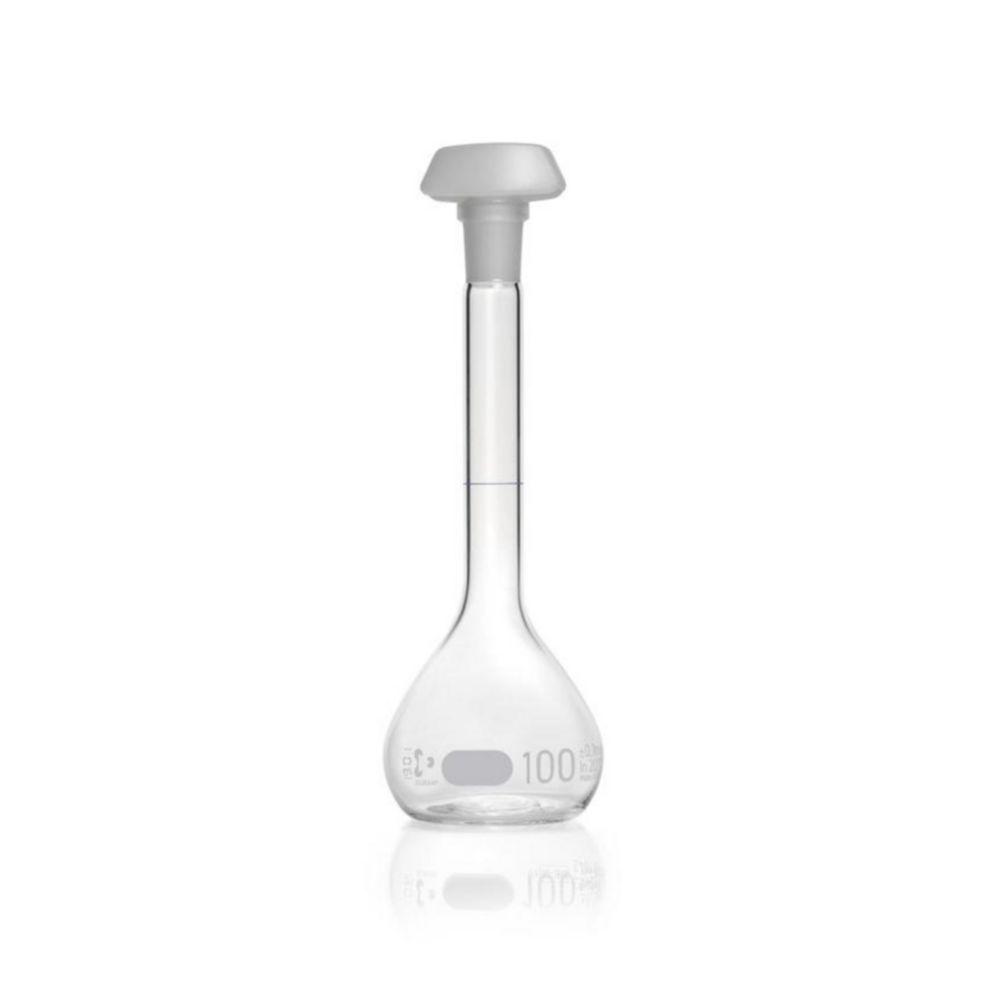 DWK Duran Volumetric Flask 100 ml, Class A Blue Graduation, Batch Certificate, One Graduation Mark, Polyethylene Stopper, NS 14/23

