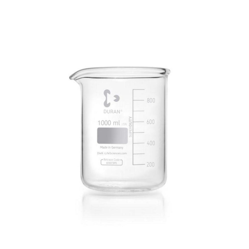 DWK Duran Super Duty Beaker 1000 mL, 105x145 mm, Low Form, with Division and Drain