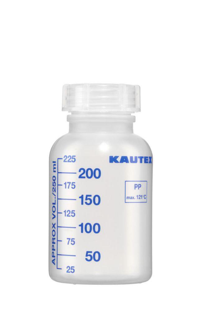 Kautex Textron Wide Neck Autoclavable PP Bottle with Screw Cap 250 mL Graduated