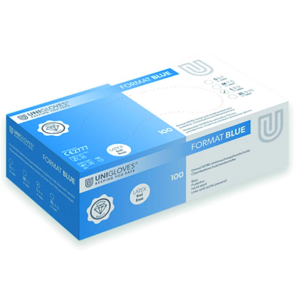 Unigloves Nitrile Gloves Size L 8-9 "FORMAT", Blue, Non-Sterile, Powder-Free, Beaded Cuff, Pack of 100
