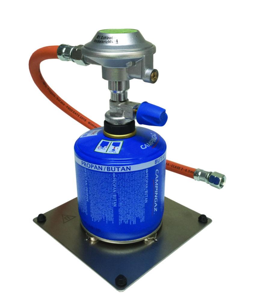 Gas safety adapter 470 with integr.pressure reducer, stopcock, DVWG-tubing and stainless steel base
