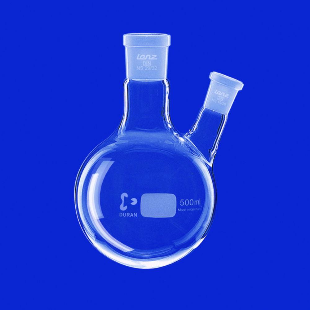 Lenz-Laborglas Round-bottom Flasks, Two-neck, Side Neck Angled, C. Neck NS 29/32, Side Neck NS 19/26


