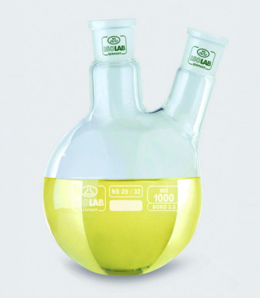 ISOLAB Two-Neck Round Flask 250 mL, Angled Side Arm, Center Neck NS 29/32, Side Neck NS 14/23, Boro 3.3 Glass