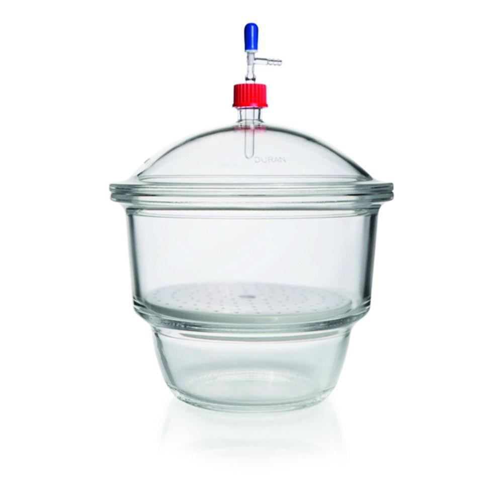 DWK Duran Vacuum Desiccator NOVUS DN 200, Clear, with Porcelain Plate, GL32 MOBILEX Threaded Lid, and PBT​