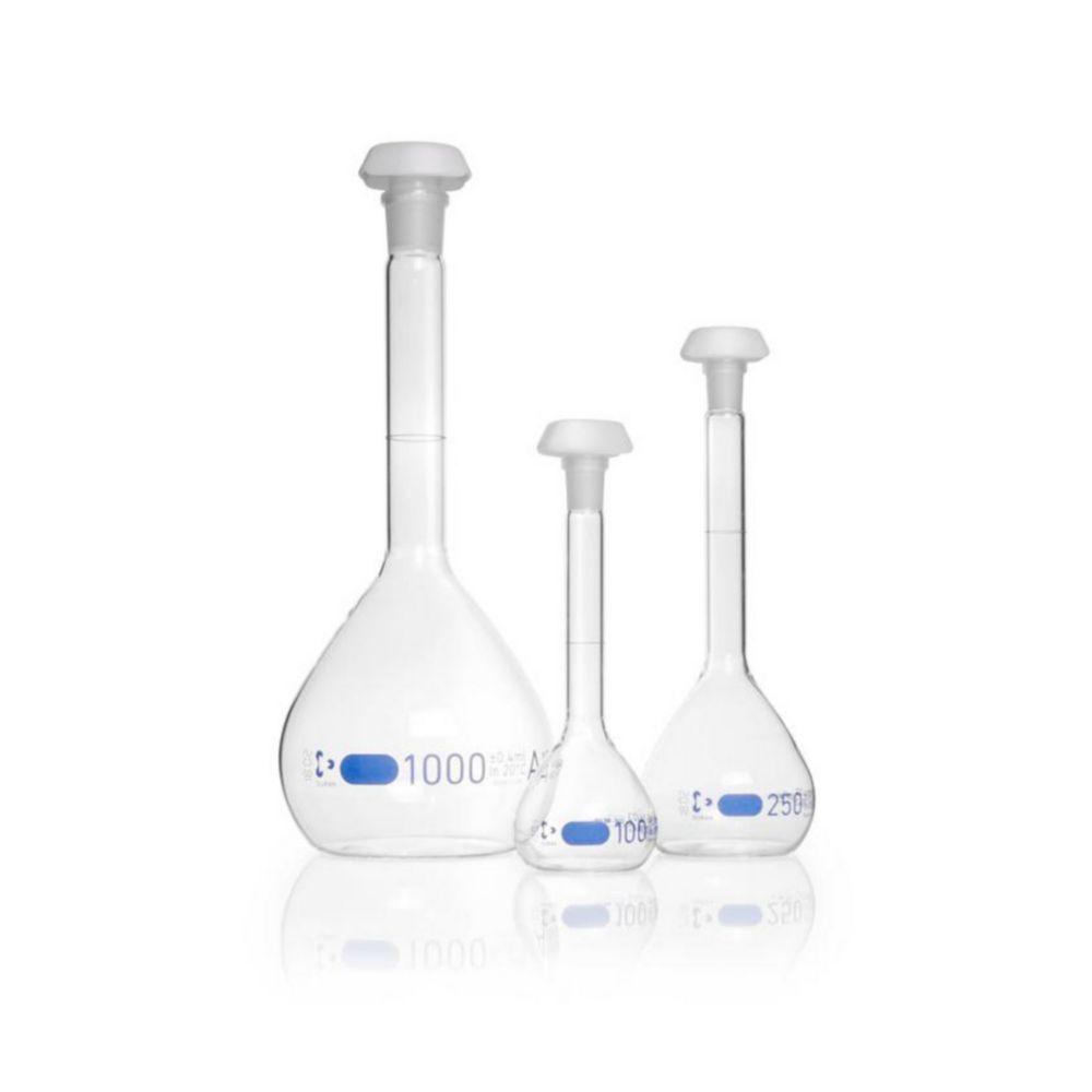 DWK Duran Volumetric Flask 100 ml, Class A Blue Graduation, Batch Certificate, One Graduation Mark, Polyethylene Stopper, NS 12/21