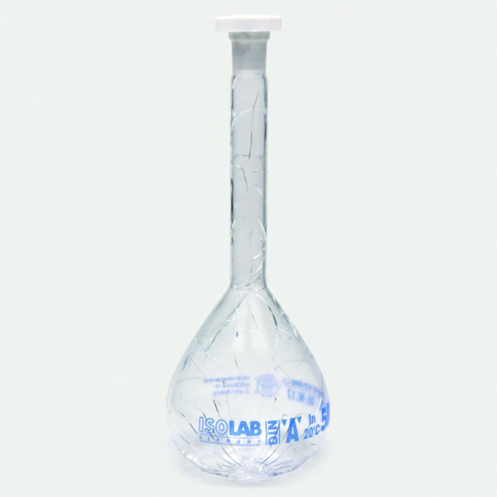 ISOLAB Volumetric Flask 50 mL Clear Coated Glass Class A NS 14/23 PE Stopper Blue Scale Batch Certified, Pack of 2