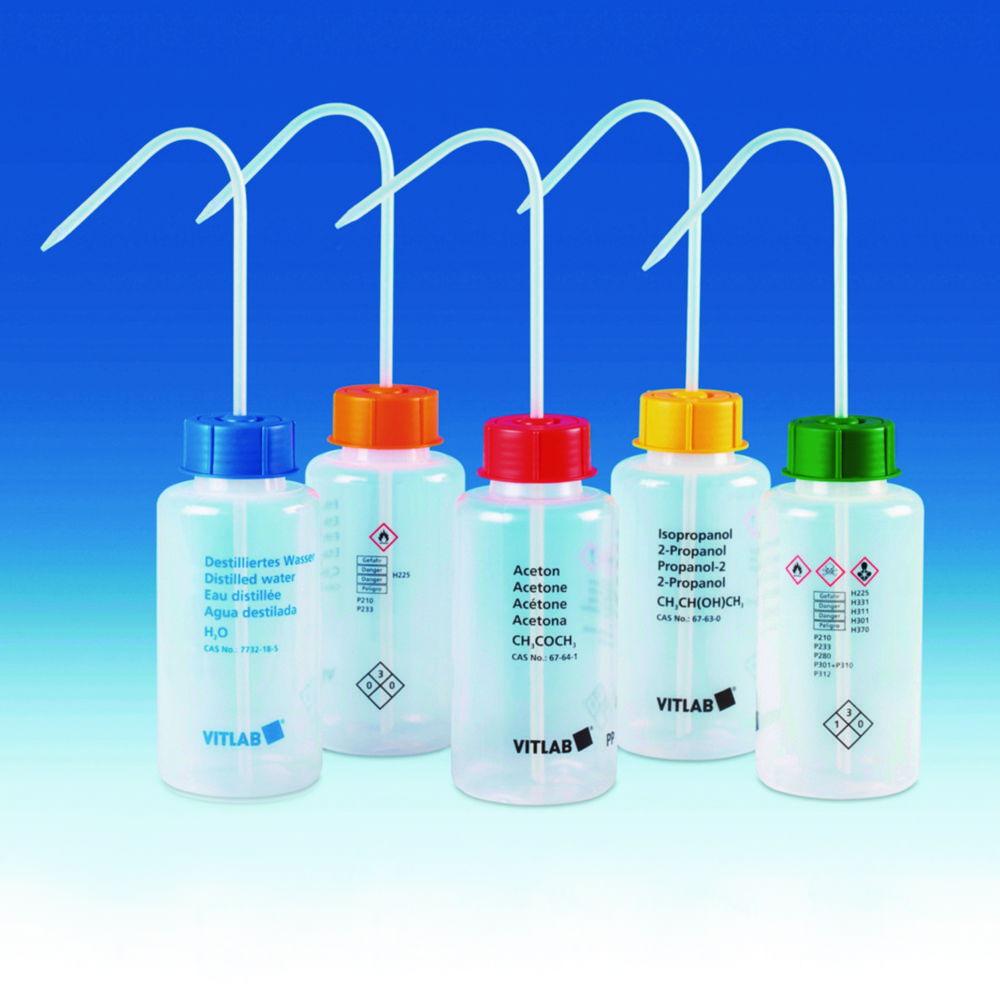 VITLAB Safety Washing Bottle 1000 ml, Wide Neck, PE-LD, GL 63, Methanol with VENT CAP Screw Connection