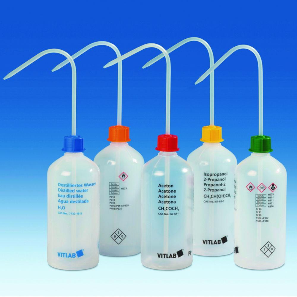 VITLAB Safety Washing Bottle 250 ml, PE-LD, GL 25, Isopropanol, VENT CAP

